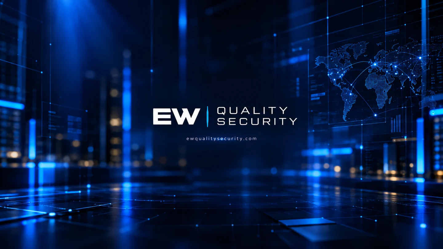 Identidade oficial EW Quality Security: logo EW | QUALITY SECURITY sobre infraestrutura tecnológica